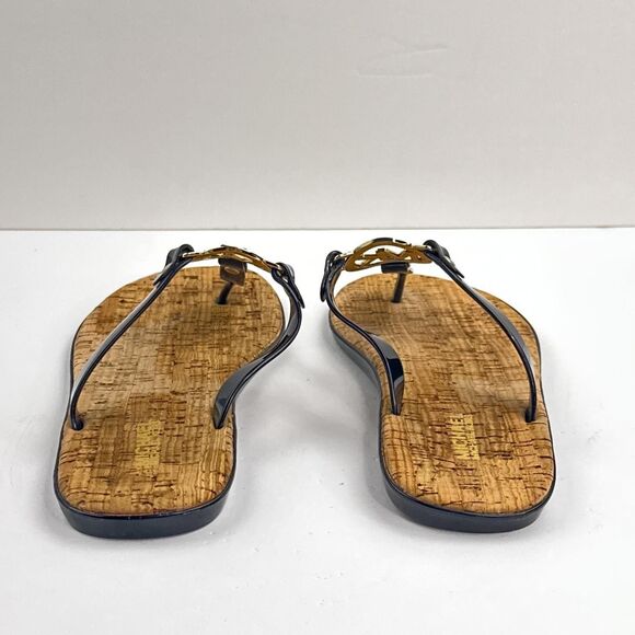 Michael Kors Sandals Womens 7 Black Gold Cork Jelly Thong Flip Flop Logo Slides - Picture 6 of 10